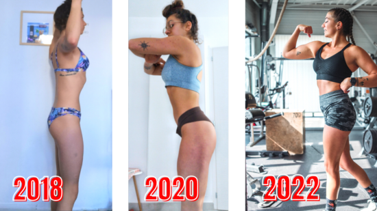Trois photos montrent la transformation physique de June de 2018 à 2022. Elle est de plus en plus musclée.