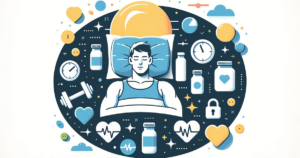 Illustration simple et épurée d'un sportif qui dort. Il est entouré d'icônes représentant la musculation, le cardio, les compléments alimentaires et le temps.