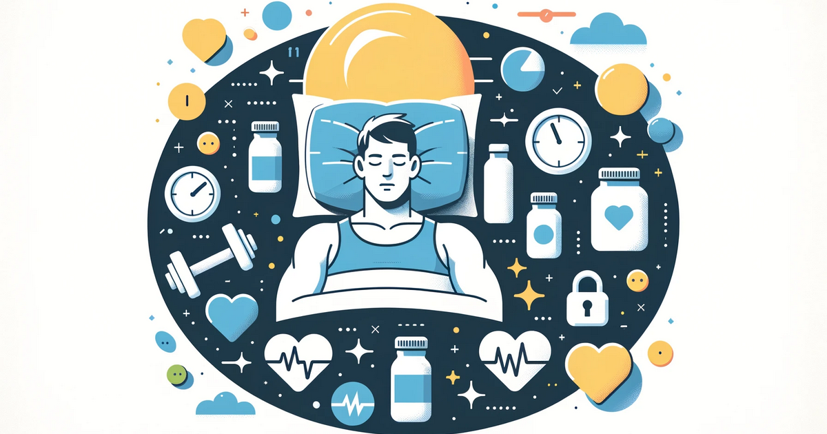 Illustration simple et épurée d'un sportif qui dort. Il est entouré d'icônes représentant la musculation, le cardio, les compléments alimentaires et le temps.