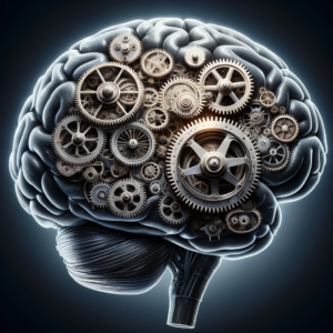 Image d'un cerveau rempli d'engrenages pour illustrer son fonctionnement à la fois complexe et bien organisé, comme une machine.